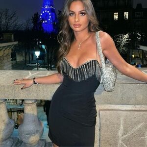 Zara Fringed Spaghetti Mini Dress Black NWT